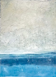 Oil paint over antiqued gypsum plaster, this landscape was inspired by an idyllic summer spent lazing around a beachside farmhouse in this wild Italian oasis. The use of rich tones against rough underpainting recreates the emotion of long stretches of white sandy beaches, tiny coves and rocky inlets.