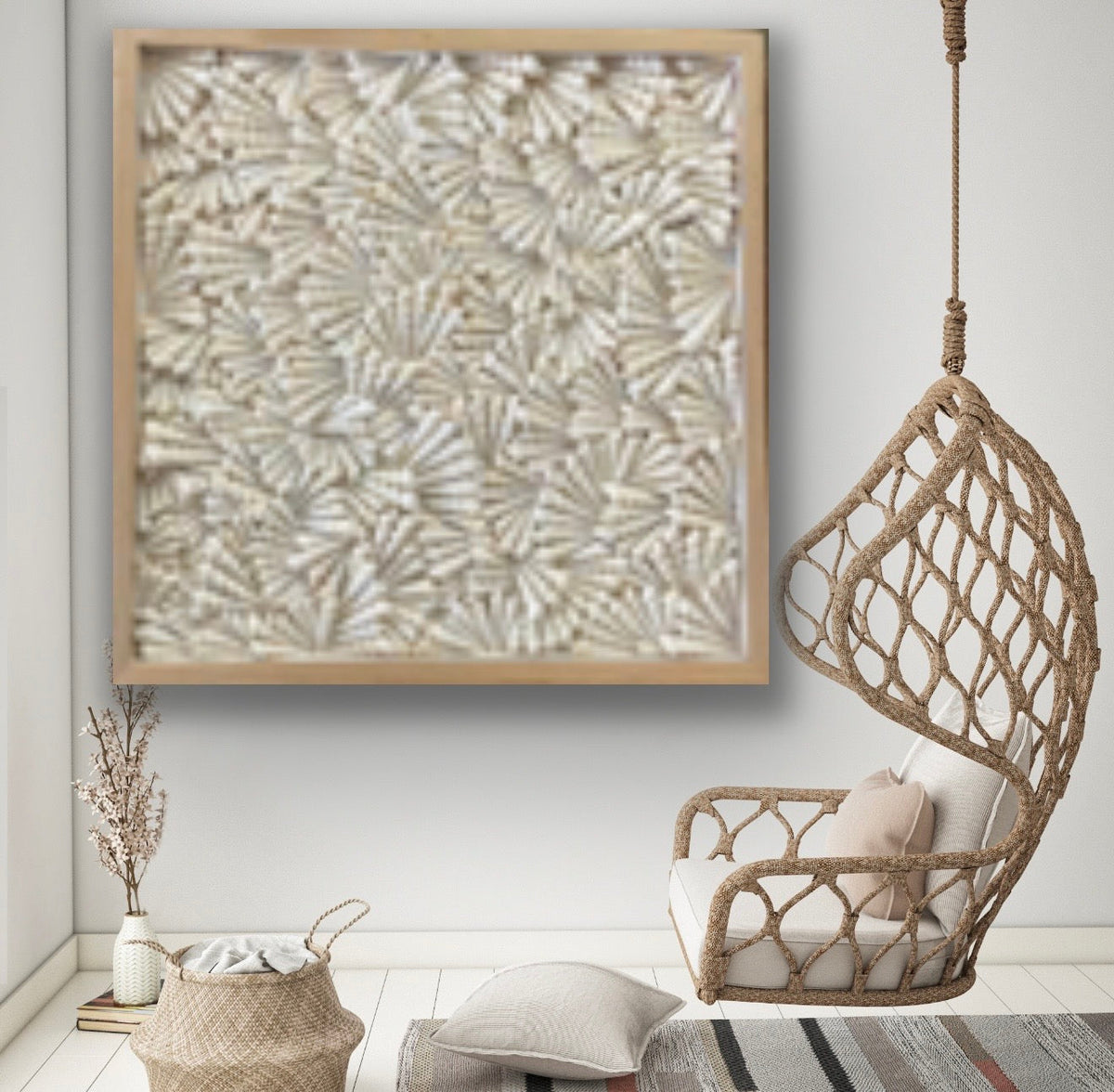Turritella shell wall art in natural wood frame displayed in living room